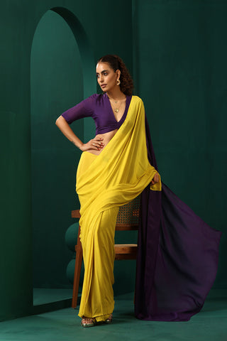 Truebrowns Yellow Purple Muslin Silk Pre-Stitched Saree