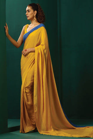 Truebrowns Mustard Muslin Silk Pre-Stitched Saree