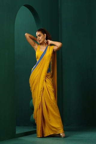 Truebrowns Mustard Muslin Silk Pre-Stitched Saree