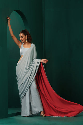 Truebrowns Powder Blue Muslin Silk Pre-Stitched Saree