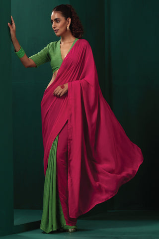 Truebrowns Green Pink Muslin Silk Pre-Stitched Saree