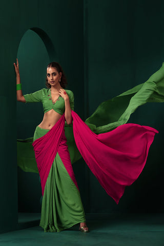 Truebrowns Green Pink Muslin Silk Pre-Stitched Saree