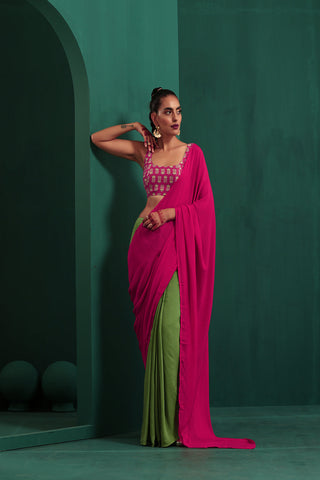 Truebrowns Green Pink Muslin Silk Pre-Stitched Saree