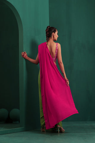 Truebrowns Green Pink Muslin Silk Pre-Stitched Saree