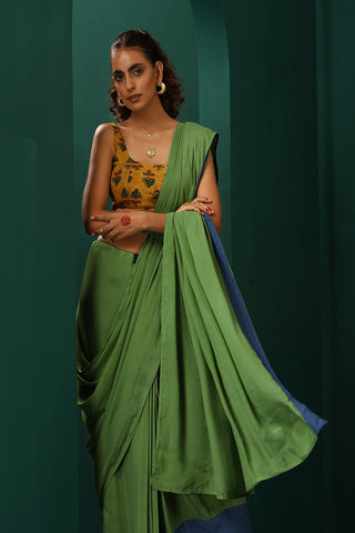 Truebrowns Green Muslin Silk Pre-Stitched Saree