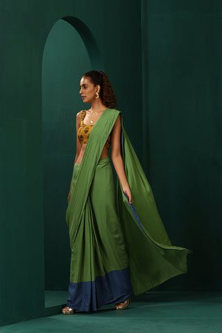 Truebrowns Green Muslin Silk Pre-Stitched Saree