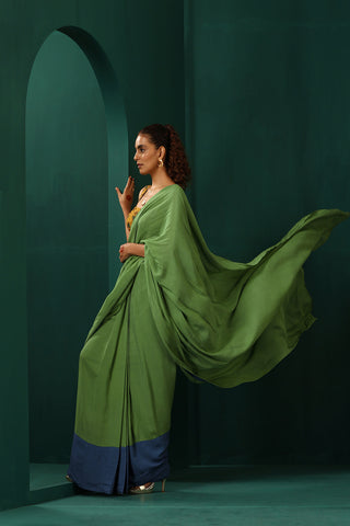 Truebrowns Green Muslin Silk Pre-Stitched Saree