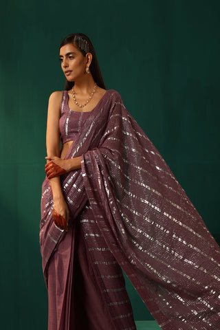 Truebrowns Mauve Cotton Silver Lurex Striped Pre-Stitched Saree