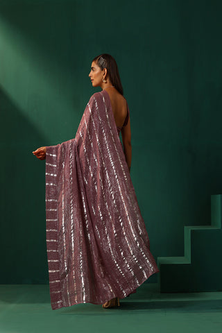 Truebrowns Mauve Cotton Silver Lurex Striped Pre-Stitched Saree