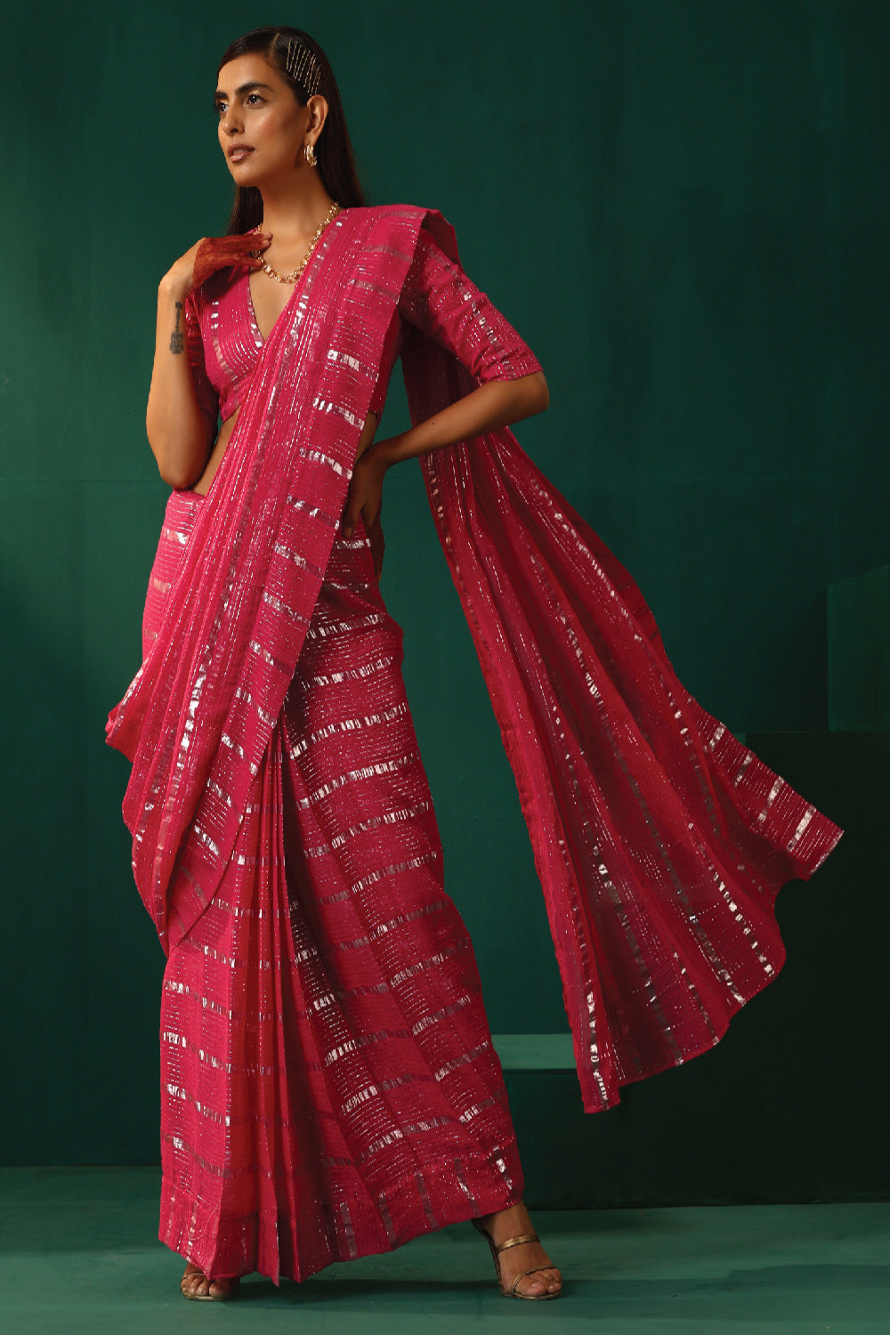 Truebrowns Rani Pink Cotton Silver Lurex Striped Pre-Stitched Saree