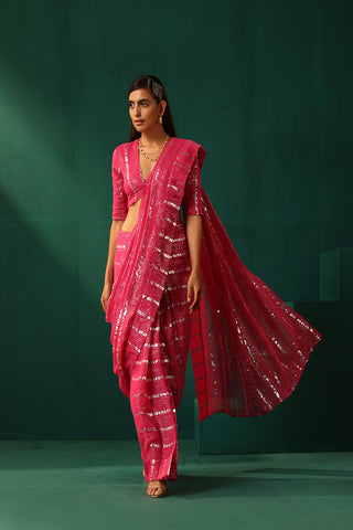 Truebrowns Rani Pink Cotton Silver Lurex Striped Pre-Stitched Saree