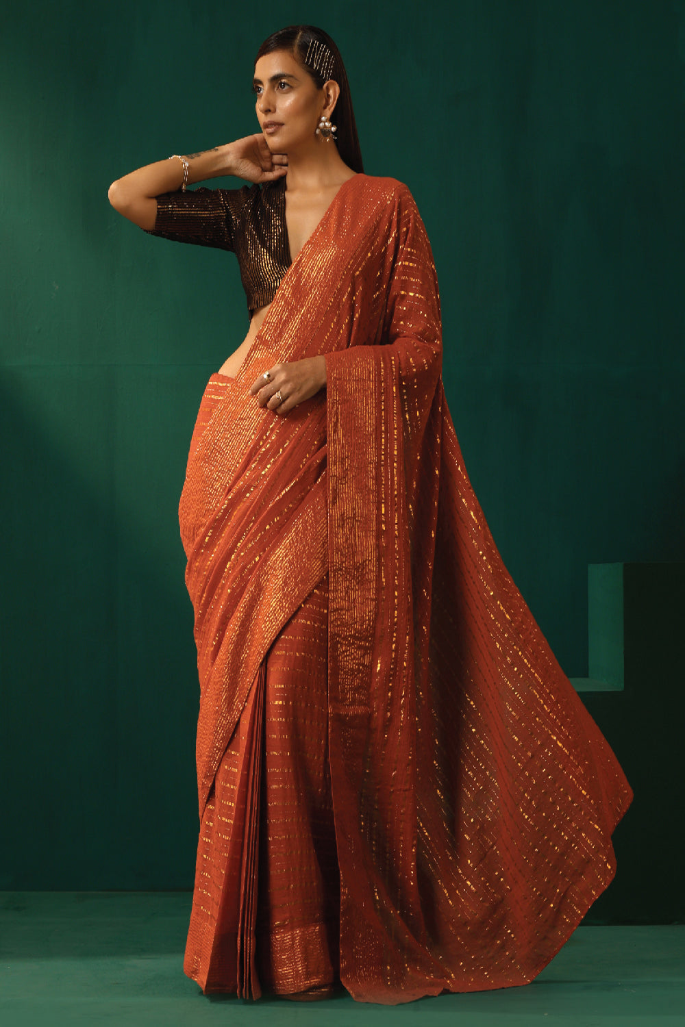 Truebrowns Rust Cotton Gold Lurex Striped Pre-Stitched Saree