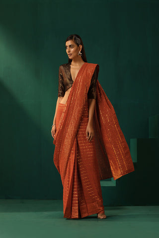 Truebrowns Rust Cotton Gold Lurex Striped Pre-Stitched Saree