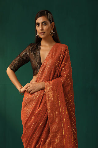 Truebrowns Rust Cotton Gold Lurex Striped Pre-Stitched Saree