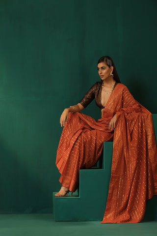 Truebrowns Rust Cotton Gold Lurex Striped Pre-Stitched Saree