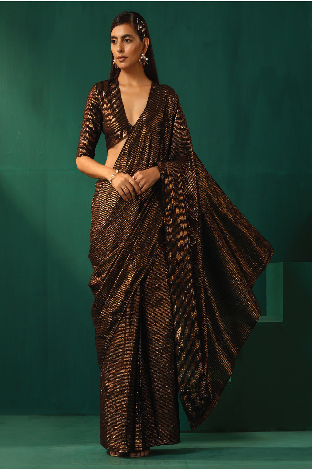 Truebrowns Black Cotton Gold Lurex Striped Pre-Stitched Saree