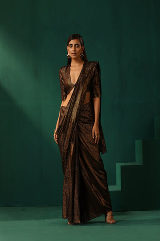 Truebrowns Black Cotton Gold Lurex Striped Pre-Stitched Saree