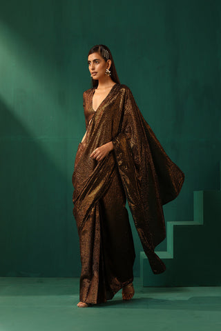 Truebrowns Black Cotton Gold Lurex Striped Pre-Stitched Saree