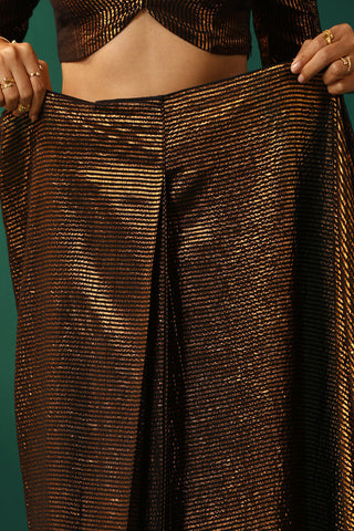 Truebrowns Black Cotton Gold Lurex Striped Pre-Stitched Saree