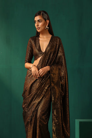 Truebrowns Black Cotton Gold Lurex Striped Pre-Stitched Saree