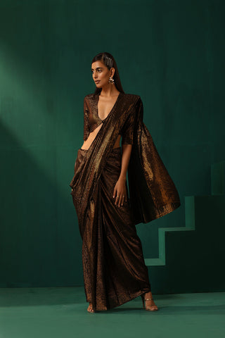 Truebrowns Black Cotton Gold Lurex Striped Pre-Stitched Saree