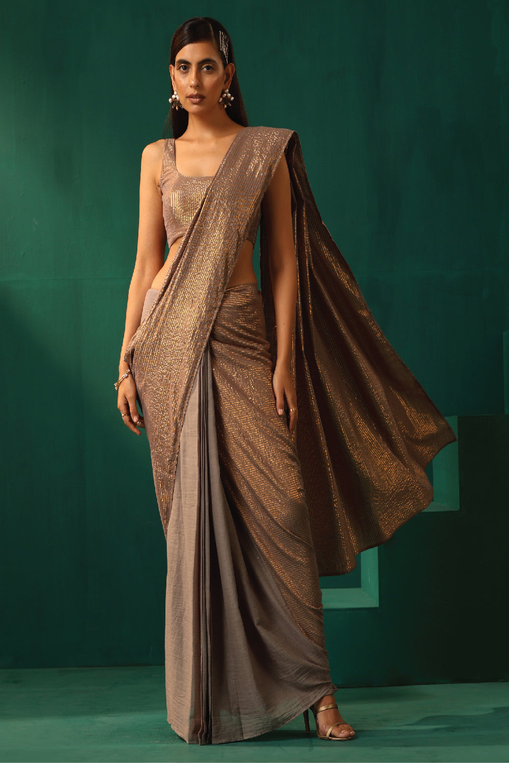 Truebrowns Grey Cotton Gold Lurex Striped Pre-Stitched Saree