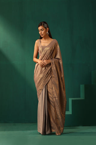 Truebrowns Grey Cotton Gold Lurex Striped Pre-Stitched Saree