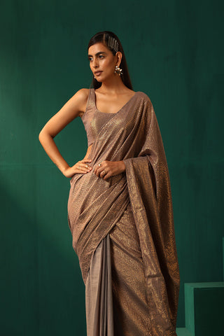 Truebrowns Grey Cotton Gold Lurex Striped Pre-Stitched Saree