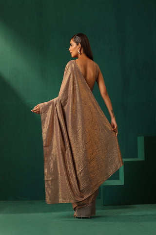 Truebrowns Grey Cotton Gold Lurex Striped Pre-Stitched Saree