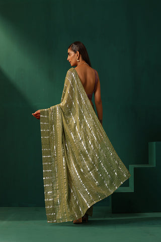 Truebrowns Sage Green Cotton Silver Lurex Striped Pre-Stitched Saree