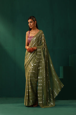 Truebrowns Sage Green Cotton Silver Lurex Striped Pre-Stitched Saree