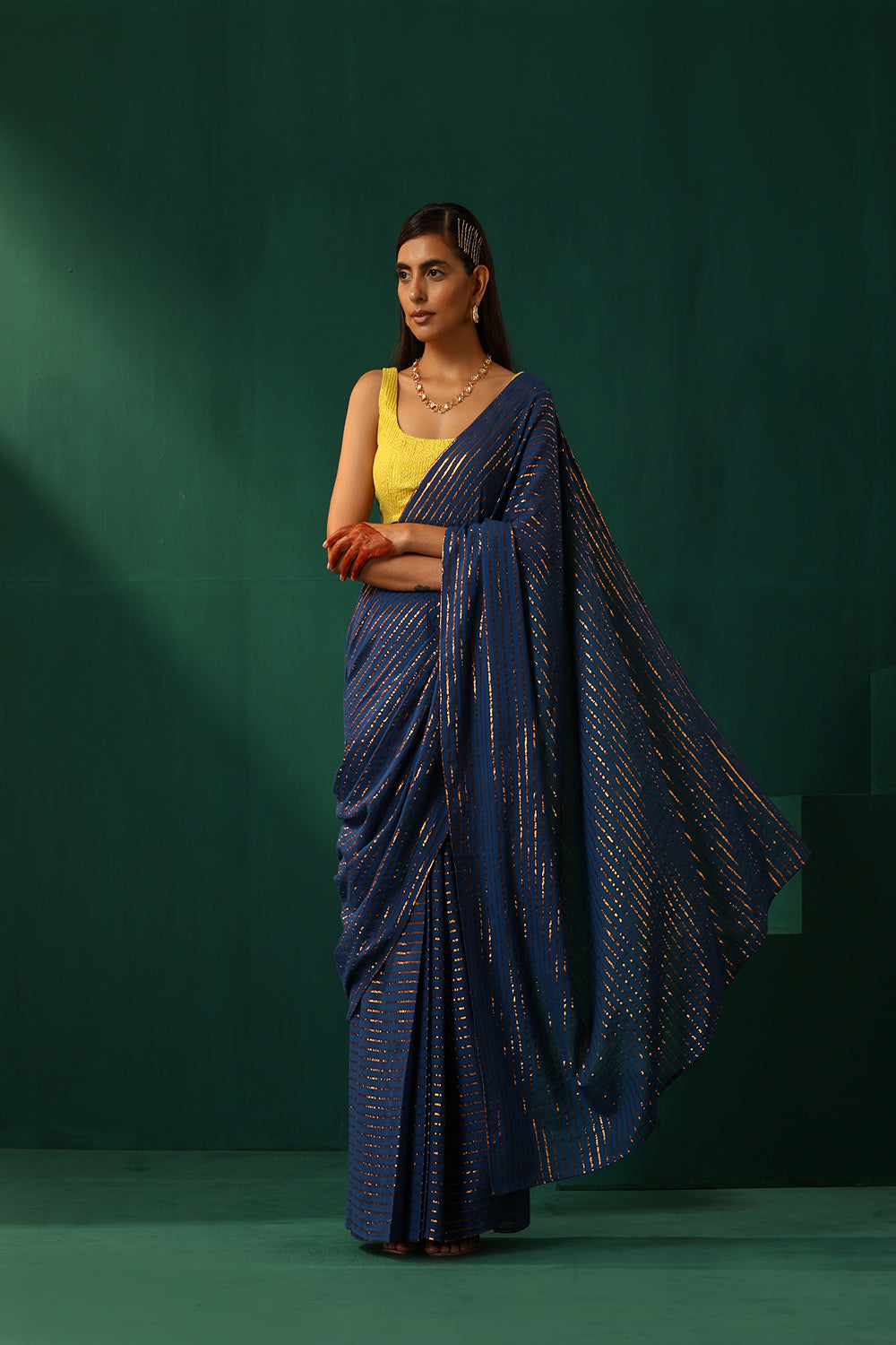 Truebrowns Royal Blue Cotton Gold Lurex Striped Pre-Stitched Saree