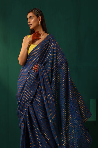 Truebrowns Royal Blue Cotton Gold Lurex Striped Pre-Stitched Saree