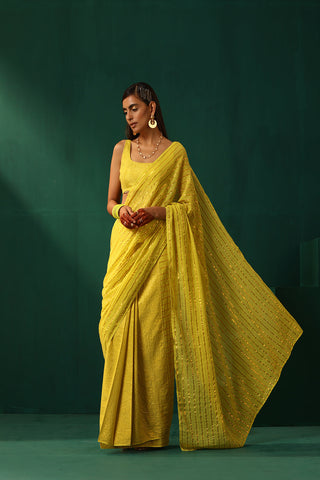 Truebrowns Lime Cotton Gold Lurex Striped Pre-Stitched Saree