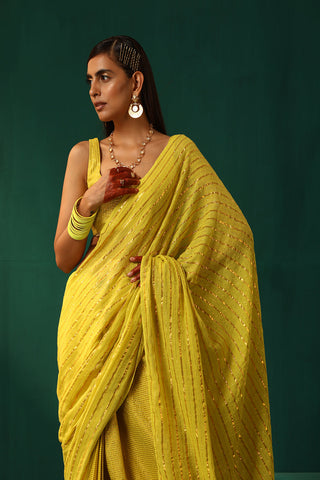 Truebrowns Lime Cotton Gold Lurex Striped Pre-Stitched Saree