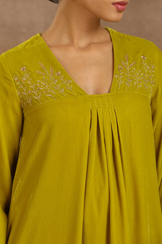 Truebrowns Lime Velvet Yoke Embroidered Kurta