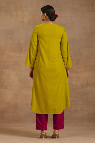 Truebrowns Lime Velvet Yoke Embroidered Kurta