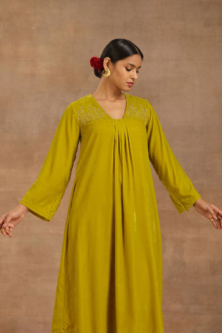 Truebrowns Lime Velvet Yoke Embroidered Kurta