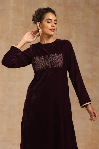 Truebrowns Wine Velvet Yoke Embroidered Kurta