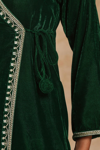 Truebrowns Green Velvet Embroidered Angrakha Kurta