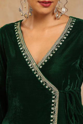 Truebrowns Green Velvet Embroidered Angrakha Kurta