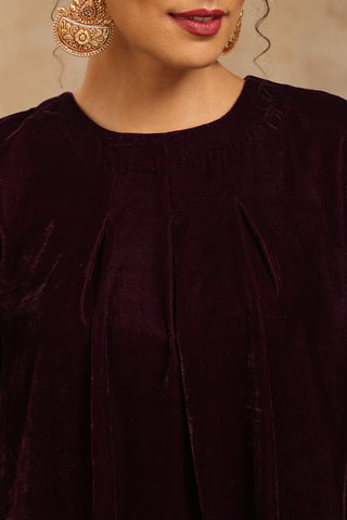 Truebrowns Wine Velvet Embroidered Kurta