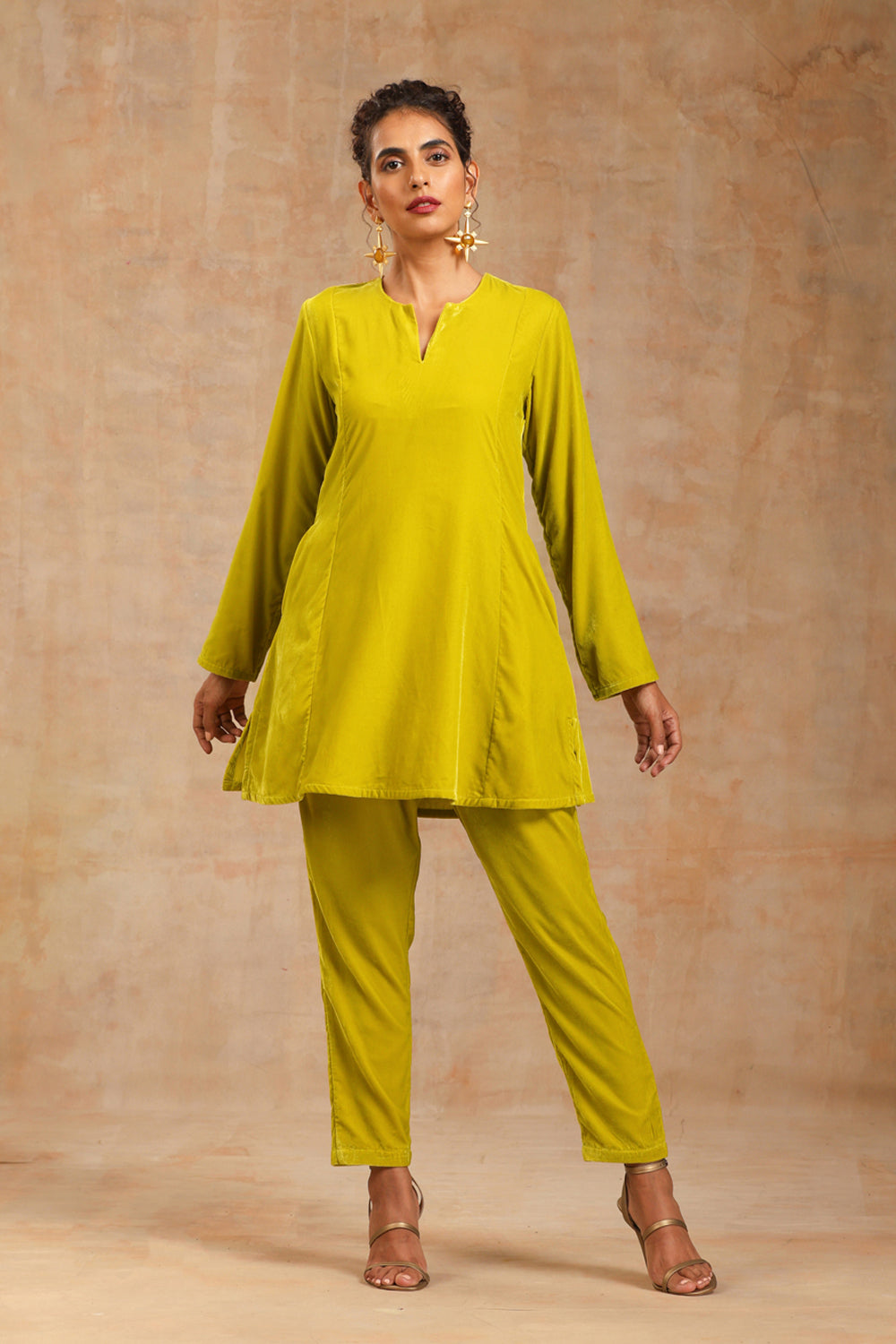Truebrowns Lime Velvet Solid Co-Ord Set