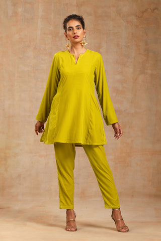 Truebrowns Lime Velvet Solid Co-Ord Set