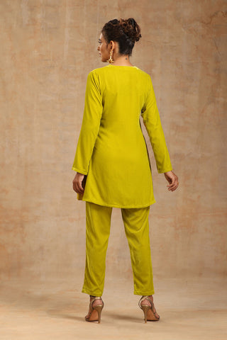 Truebrowns Lime Velvet Solid Co-Ord Set