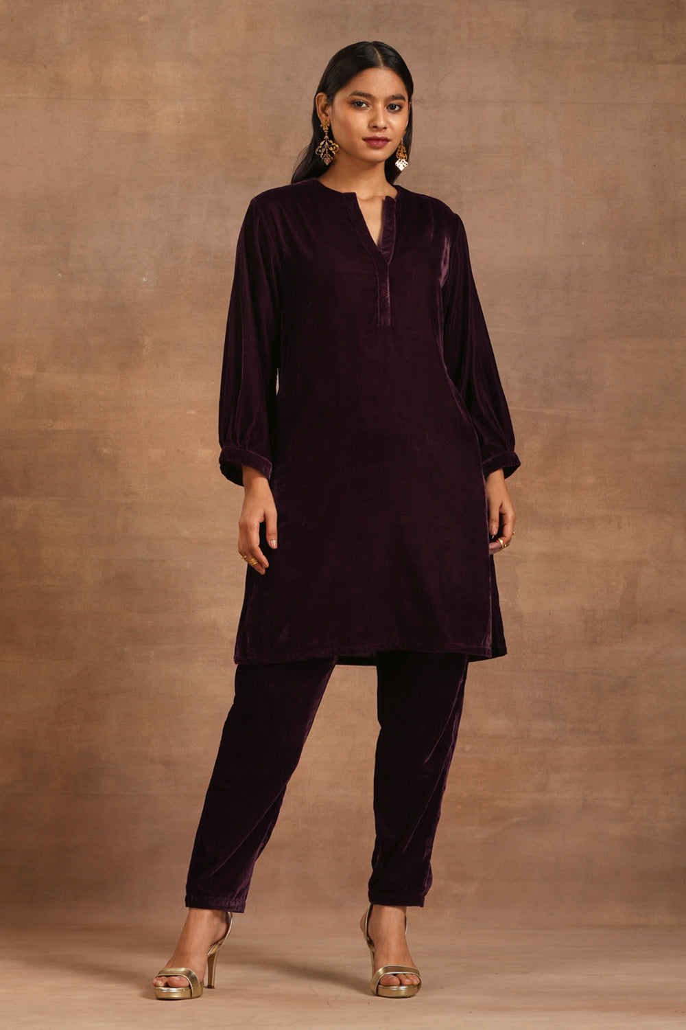 Truebrowns Wine Velvet Solid Co-Ord Set