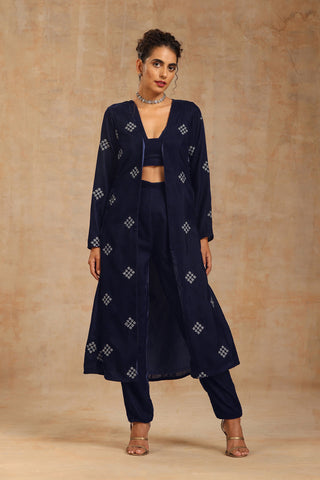 Truebrowns Midnight Blue Velvet Embroidered Jacket Set