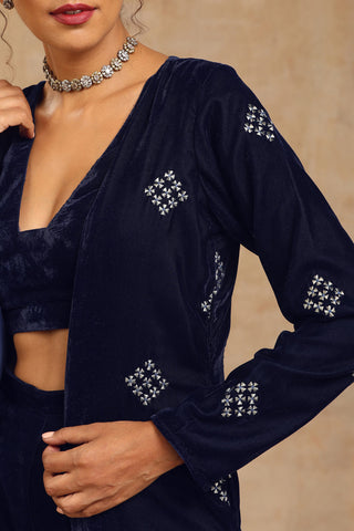 Truebrowns Midnight Blue Velvet Embroidered Jacket Set