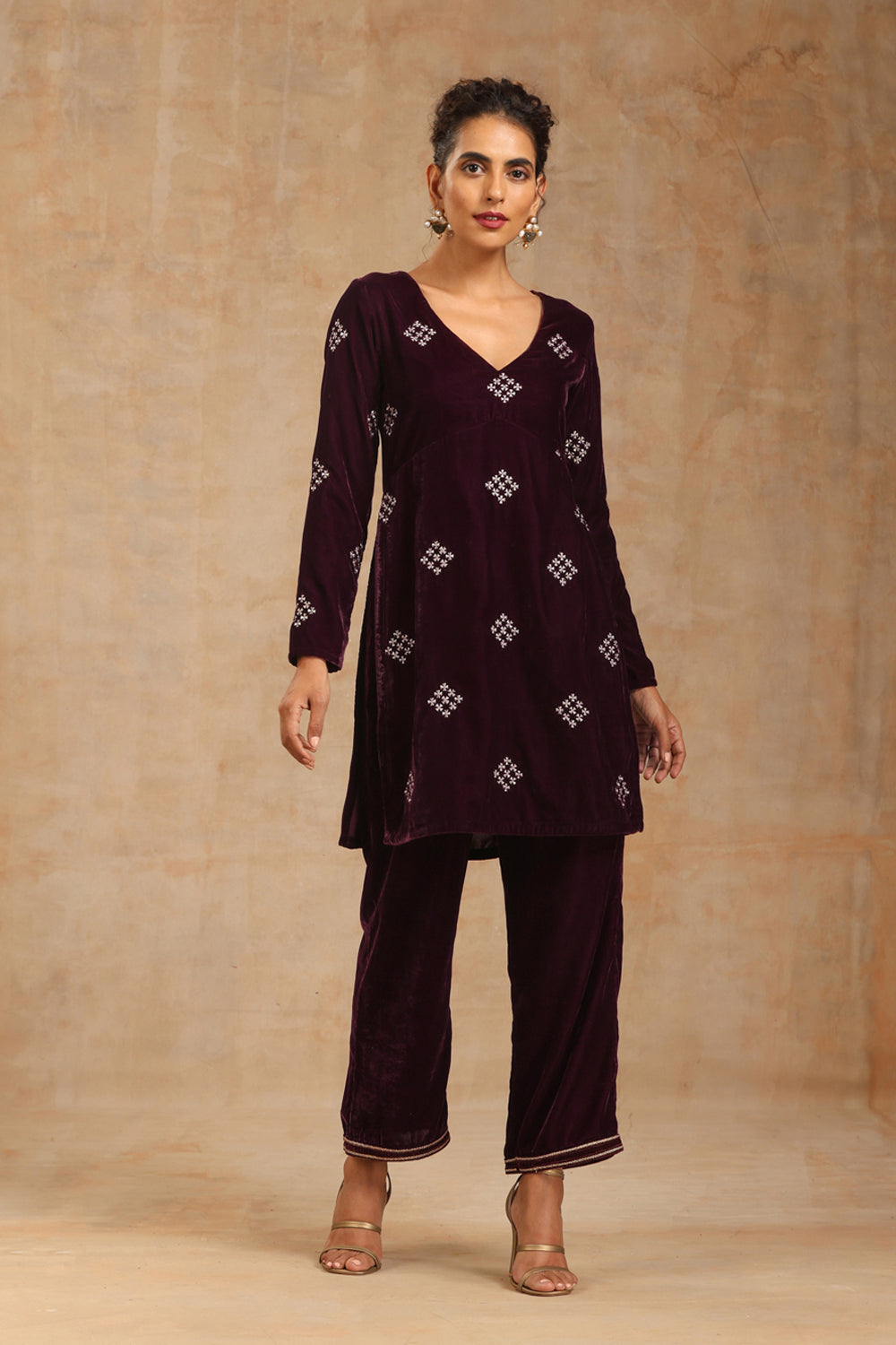 Truebrowns Wine Velvet Embroidered Co-Ord Set