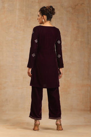 Truebrowns Wine Velvet Embroidered Co-Ord Set